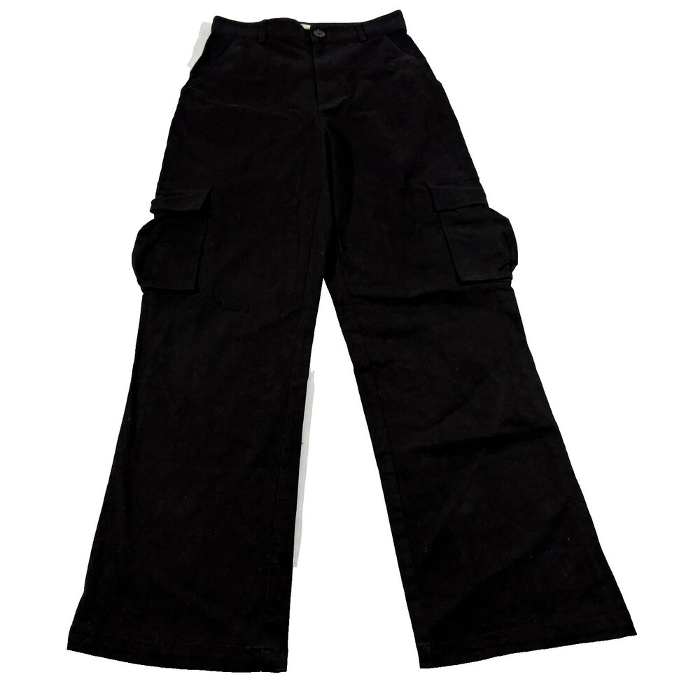 Adanola Womens Cargo Pocket Black Grunge High Rise Cotton Flared Leg Pants Sz 2